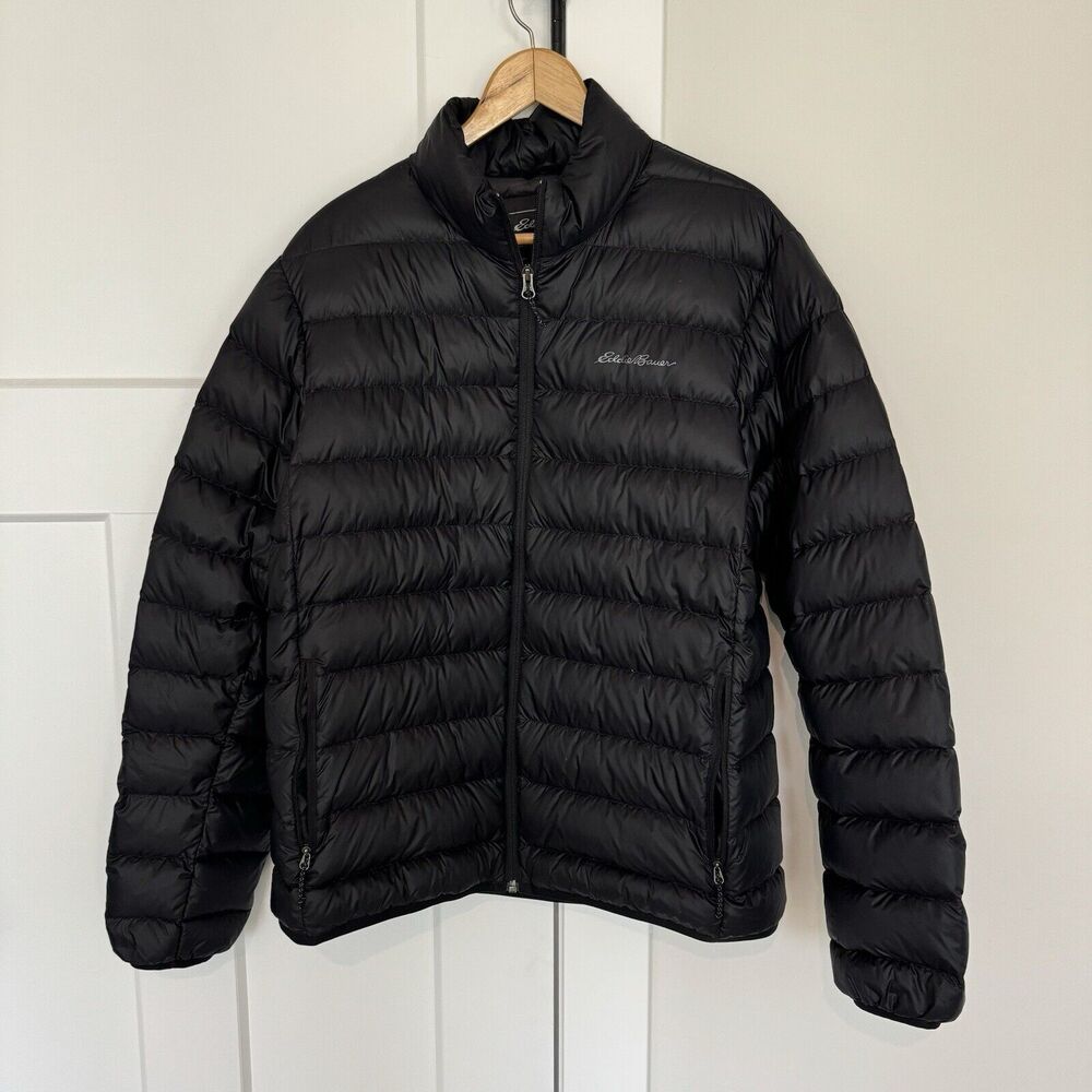 Eddie Bauer Black Nylon Down Filled Insulated Puffer Zip Up Jacket Mens Coat L